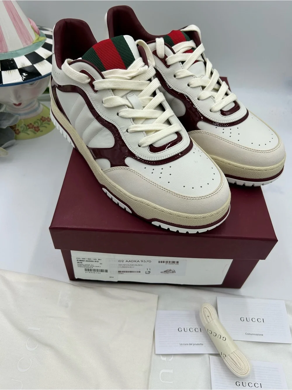 Men's Gucci re-web sneakers in white leather and patent trim size 11 fits 12 US